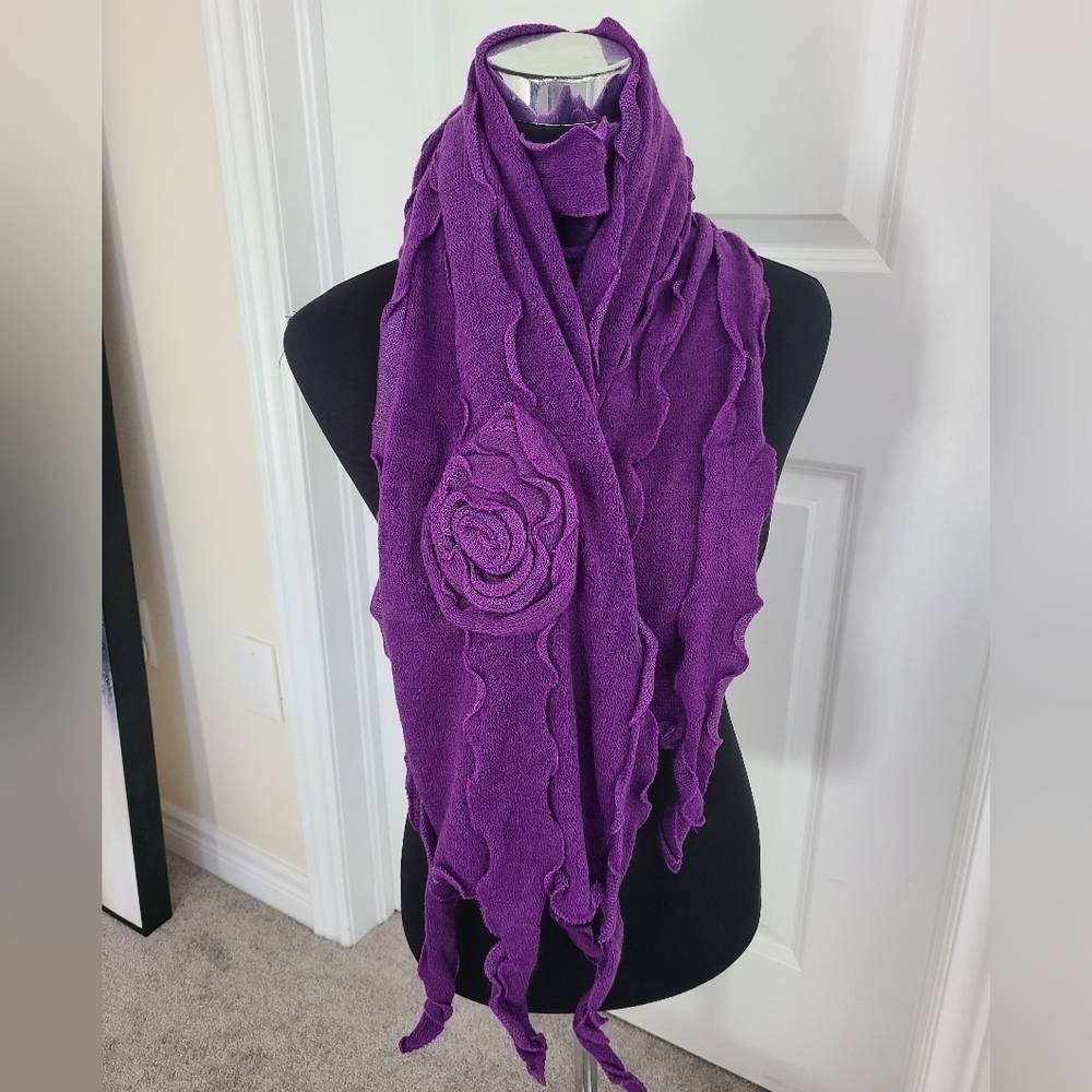 TRIBE Floral & Ruffle Purple Long Knit Scarf NWT